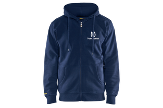 Husqvarna Kapuzenjacke marine. Vorderansicht eines Husqvarna Kapuzenpullovers mit Reißverschluss und Kordelzug.