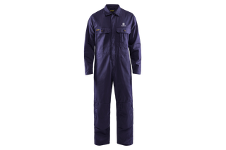 Husqvarna Overall marine. Vorderansicht eines Husqvarna Arbeitskleidungs-Overalls mit Taschen.