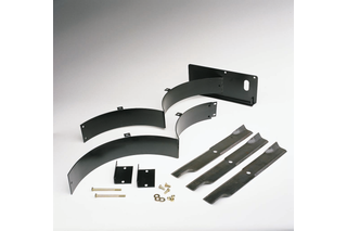 Top view of various metal parts and components, including blades and brackets, laid out on a surface.