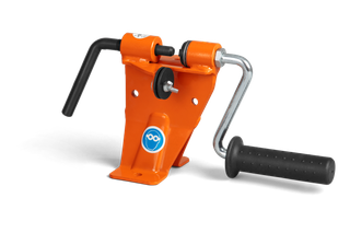 Side view of a manual metal tool with a crank handle and mounting base.