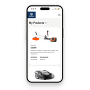 Het scherm Husqvarna Mijn producten toont de 535iFR-bosmaaier met product- en serienummers; maaiervoorbeeld hieronder.