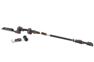 Side view of a Husqvarna telescopic pole saw with attachments, showcasing its design.