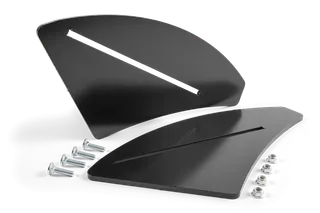 Top view of two black metal plates with slotted openings, accompanied by screws and nuts.