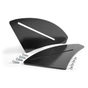 Top view of two black metal plates with slotted openings, accompanied by screws and nuts.