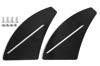 Top view of two black metal plates with slots, accompanied by screws and nuts.