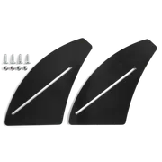 Top view of two black metal plates with slots, accompanied by screws and nuts.