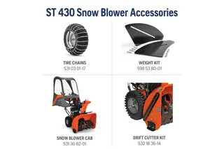 Four snow blower accessories are displayed: tire chains, weight kit, snow blower cab, and drift cutter kit, each with a part number.