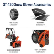 Four snow blower accessories are displayed: tire chains, weight kit, snow blower cab, and drift cutter kit, each with a part number.