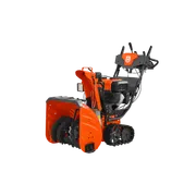Side view of a Husqvarna snow blower showcasing its auger and control panel.