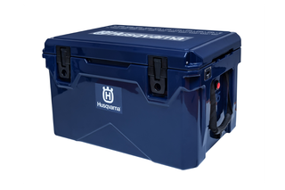 Front view of a Husqvarna storage box with secure latches.
