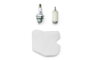 Top view of a spark plug, filter, and another small component.