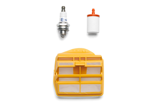 Top view of a spark plug, a fuel filter, and an air filter for a garden tool.