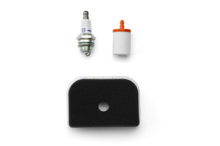 Top view of a spark plug, fuel filter, and air filter for a garden or construction tool.