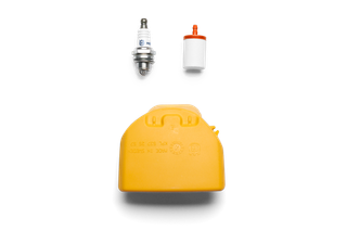 Vue de dessus d’une bougie d’allumage, d’un filtre à carburant et d’un bouchon de réservoir de carburant.