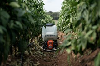 Husqvarna sprayer operating between rows of tall plants in a field.