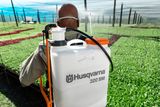 Людина, яка використовує ранцевий обприскувач Husqvarna 320 SM на полі сільськогосподарських культур.