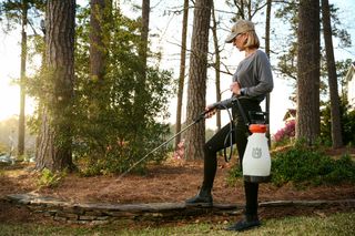 A person using a garden sprayer in a landscaped area with trees and shrubs.