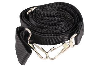 Coiled black strap with metal hooks on both ends.