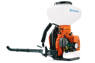 Side view of a Husqvarna backpack sprayer with a large tank and ergonomic handle.