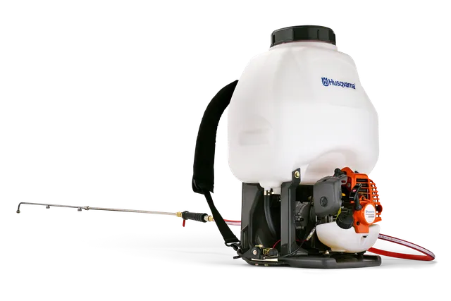 Side view of a Husqvarna backpack sprayer with a long nozzle.