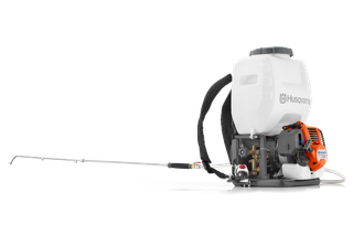 Side view of a Husqvarna backpack sprayer with a long nozzle attachment.