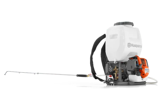 Side view of a Husqvarna backpack sprayer with a long nozzle attachment.