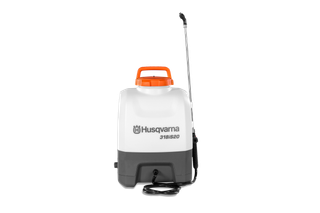 Front view of a Husqvarna backpack sprayer with a long nozzle.