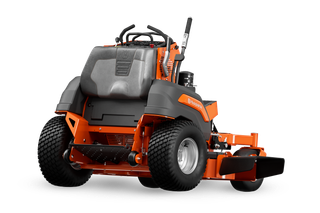 Rear view of a Husqvarna commercial front mower with cutting deck.