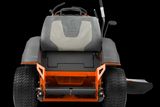 Rear view of a Husqvarna ride-on mower showcasing its seat and control handles.
