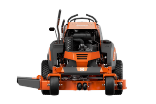 Rear view of a Husqvarna commercial front mower with cutting deck.