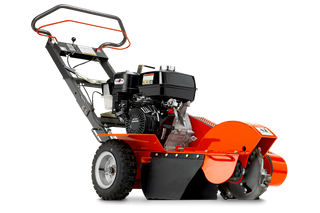 Side view of a construction power cutter with visible engine and cutting blade.