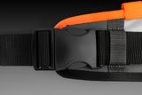 Close-up of a belt buckle on a strap, showcasing the fastening mechanism.