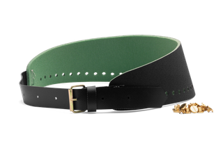 Front view of a black leather belt with green inner lining and gold buckle.