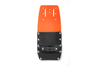 Front view of a Husqvarna protective accessory with rivets and branding.