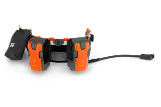Front view of a Husqvarna battery belt with two battery compartments and a cable.