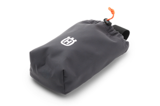 Front view of a Husqvarna branded pouch with a drawstring closure.
