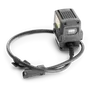 Front view of a Husqvarna battery adapter with a cable attached.