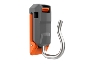 Seitenansicht eines Metallhakenzubehörs mit Kunststoffhalterung.