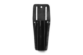 Front view of a black leather tool holster with belt slots.