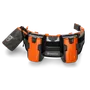 Front view of a Husqvarna tool belt with multiple compartments and a storage pouch.