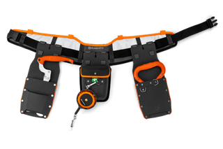 Front view of a Husqvarna tool belt with multiple compartments and a retractable cord.