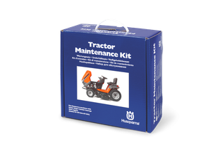 Vorderansicht einer Box mit einem Husqvarna-Traktor-Wartungskit mit Produktbild und mehrsprachigem Text.