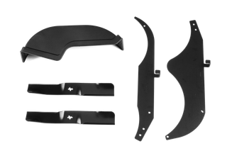 Top view of various black metal components, including blades and guards, likely for a machinery.