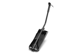 Side view of a snow shovel with a long handle and ergonomic grip.