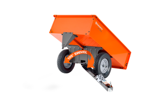 Vue latérale d’une remorque pivotante Husqvarna mettant en valeur sa fonction de pivotement à 105 degrés.