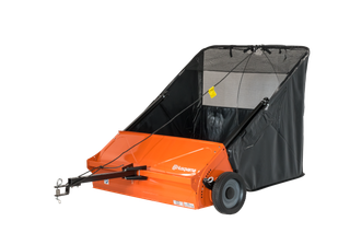 42" Lawn Sweeper. Side view of a Husqvarna tow-behind lawn sweeper with a collection bag.