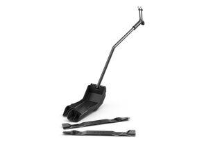 Studio image showing a top view of a lawn mower blade kit with a handle attachment.