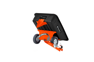 10' Poly Swivel Dump Cart. Side view of a Husqvarna swivel dump cart, showcasing its 110-degree swivel feature.