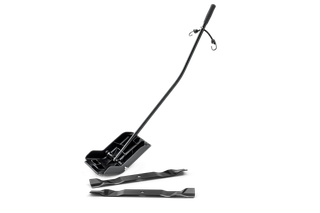 Studio view of a long-handled product with base, shown with two separate mower blades.