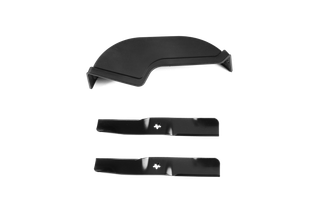 Top view of two lawn mower blades and a protective cover.